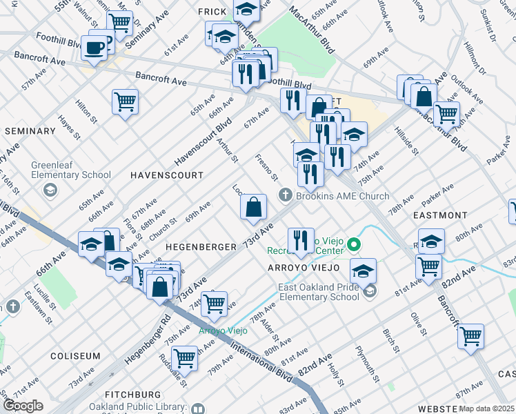 map of restaurants, bars, coffee shops, grocery stores, and more near 7106 Lockwood Street in Oakland