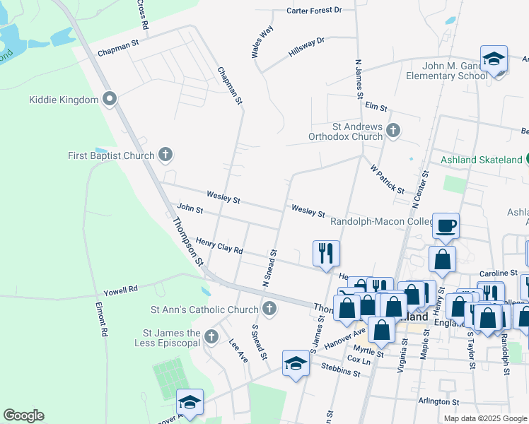 map of restaurants, bars, coffee shops, grocery stores, and more near 307 Wesley Street in Ashland