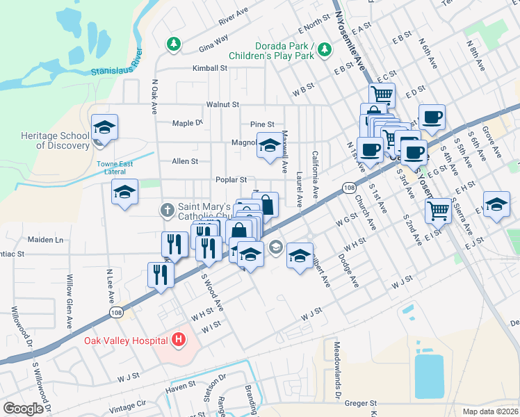 map of restaurants, bars, coffee shops, grocery stores, and more near 121 North Bryan Avenue in Oakdale