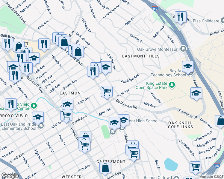 map of restaurants, bars, coffee shops, grocery stores, and more near 8039 Ney Avenue in Oakland
