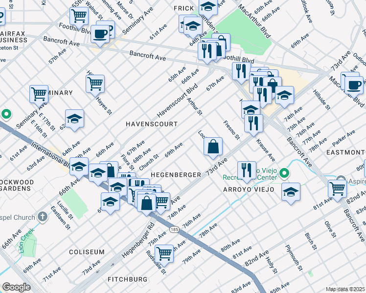 map of restaurants, bars, coffee shops, grocery stores, and more near 1912 69th Avenue in Oakland