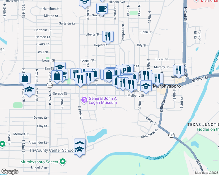 map of restaurants, bars, coffee shops, grocery stores, and more near 1301 Walnut Street in Murphysboro