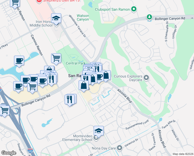 map of restaurants, bars, coffee shops, grocery stores, and more near 470 Market Place in San Ramon