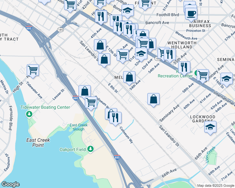 map of restaurants, bars, coffee shops, grocery stores, and more near 5309 East 8th Street in Oakland