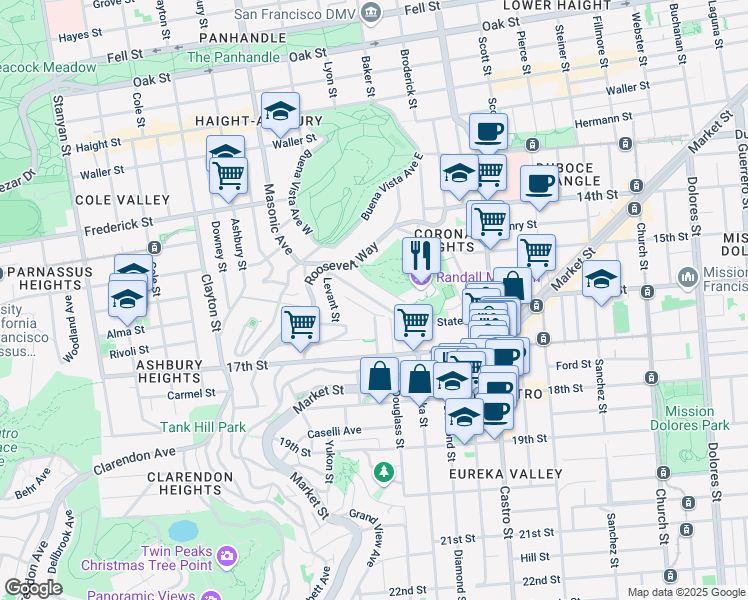 map of restaurants, bars, coffee shops, grocery stores, and more near 233 States Street in San Francisco