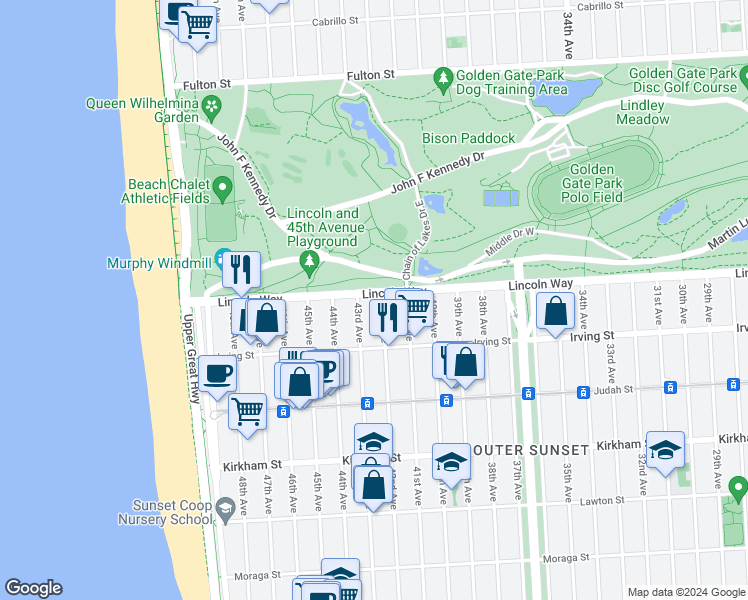 map of restaurants, bars, coffee shops, grocery stores, and more near 4115 Lincoln Way in San Francisco
