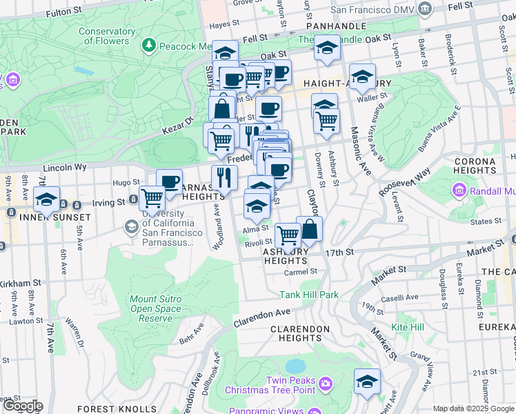 map of restaurants, bars, coffee shops, grocery stores, and more near 180 Grattan Street in San Francisco