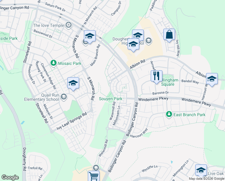map of restaurants, bars, coffee shops, grocery stores, and more near 2045 Watermill Road in San Ramon