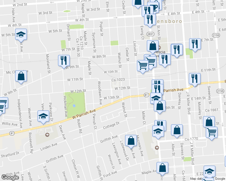map of restaurants, bars, coffee shops, grocery stores, and more near 730 West 12th Street in Owensboro