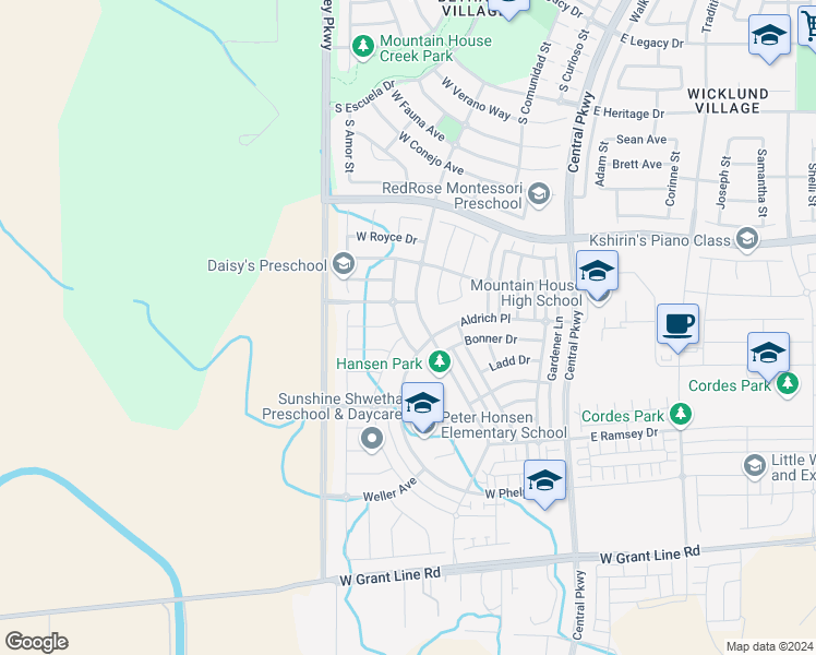 map of restaurants, bars, coffee shops, grocery stores, and more near 1120 South Jacobs Drive in Tracy