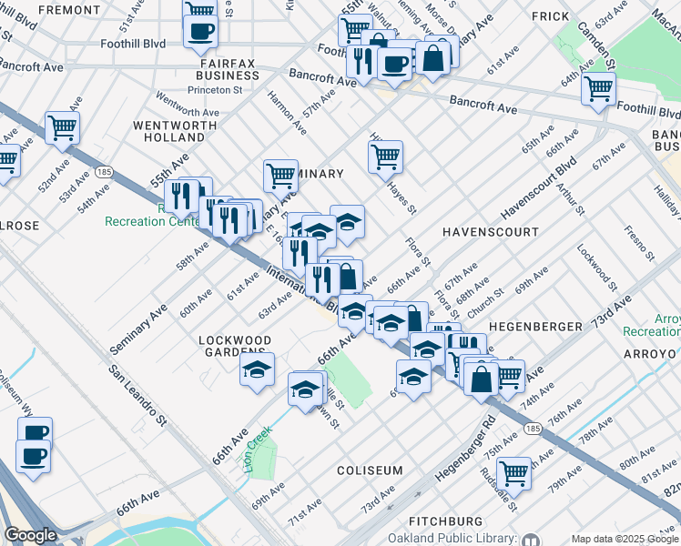 map of restaurants, bars, coffee shops, grocery stores, and more near 1703 64th Avenue in Oakland