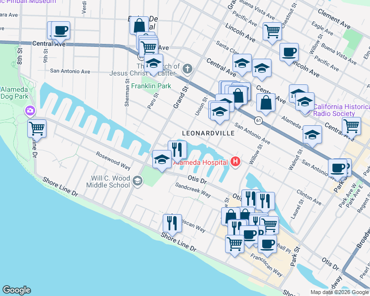 map of restaurants, bars, coffee shops, grocery stores, and more near 644 Waterview Isle in Alameda