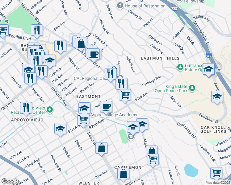 map of restaurants, bars, coffee shops, grocery stores, and more near 8000 MacArthur Boulevard in Oakland