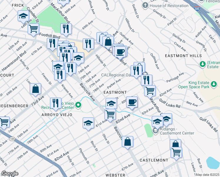 map of restaurants, bars, coffee shops, grocery stores, and more near 2665 79th Avenue in Oakland