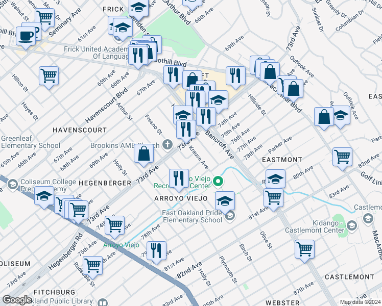 map of restaurants, bars, coffee shops, grocery stores, and more near 2315 Legion Avenue in Oakland