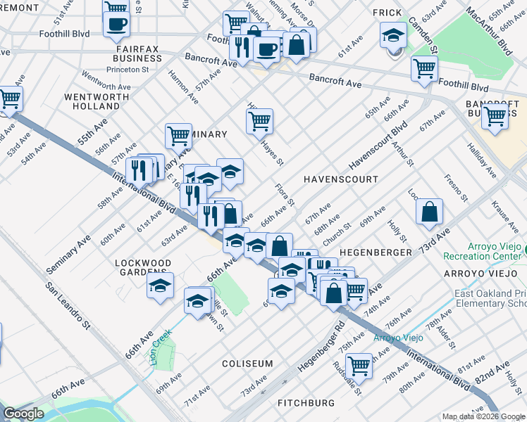 map of restaurants, bars, coffee shops, grocery stores, and more near 1825 66th Avenue in Oakland