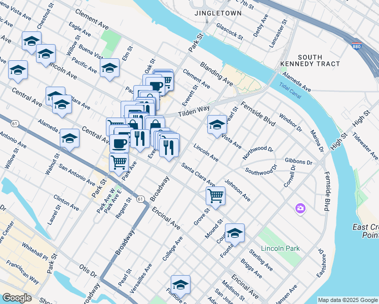 map of restaurants, bars, coffee shops, grocery stores, and more near 1516a Broadway in Alameda