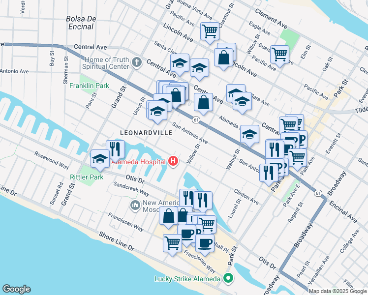 map of restaurants, bars, coffee shops, grocery stores, and more near 2056 San Jose Avenue in Alameda