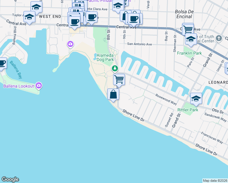 map of restaurants, bars, coffee shops, grocery stores, and more near 501-543 Westline Drive in Alameda