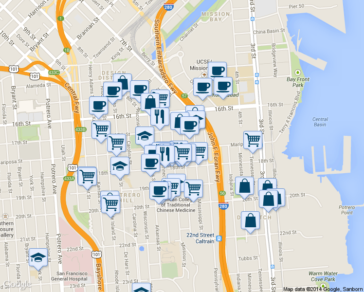map of restaurants, bars, coffee shops, grocery stores, and more near 1144 Mariposa Street in San Francisco
