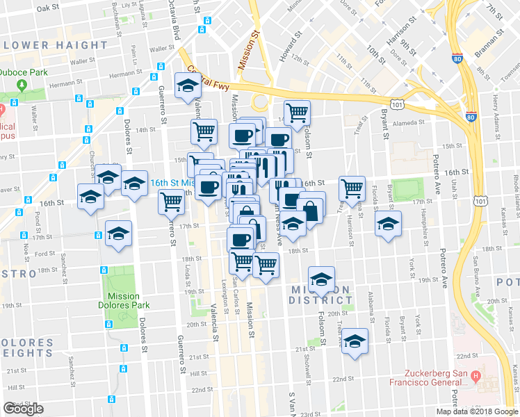 map of restaurants, bars, coffee shops, grocery stores, and more near in San Francisco