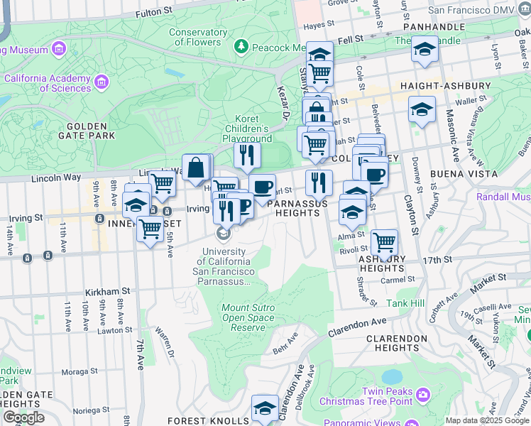 map of restaurants, bars, coffee shops, grocery stores, and more near 337 Parnassus Avenue in San Francisco