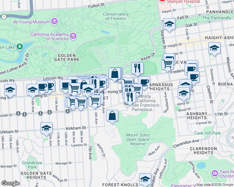 map of restaurants, bars, coffee shops, grocery stores, and more near 1319 3rd Avenue in San Francisco