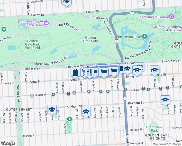 map of restaurants, bars, coffee shops, grocery stores, and more near 1265 24th Avenue in San Francisco
