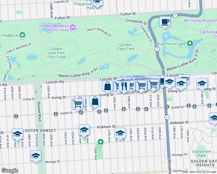 map of restaurants, bars, coffee shops, grocery stores, and more near 1256 27th Avenue in San Francisco