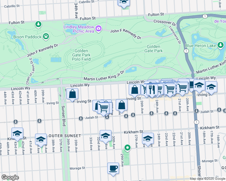 map of restaurants, bars, coffee shops, grocery stores, and more near 1256 30th Avenue in San Francisco