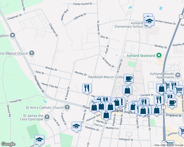 map of restaurants, bars, coffee shops, grocery stores, and more near 302 N James St in Ashland