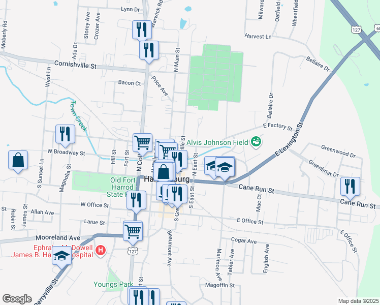 map of restaurants, bars, coffee shops, grocery stores, and more near 213 North Greenville Street in Harrodsburg