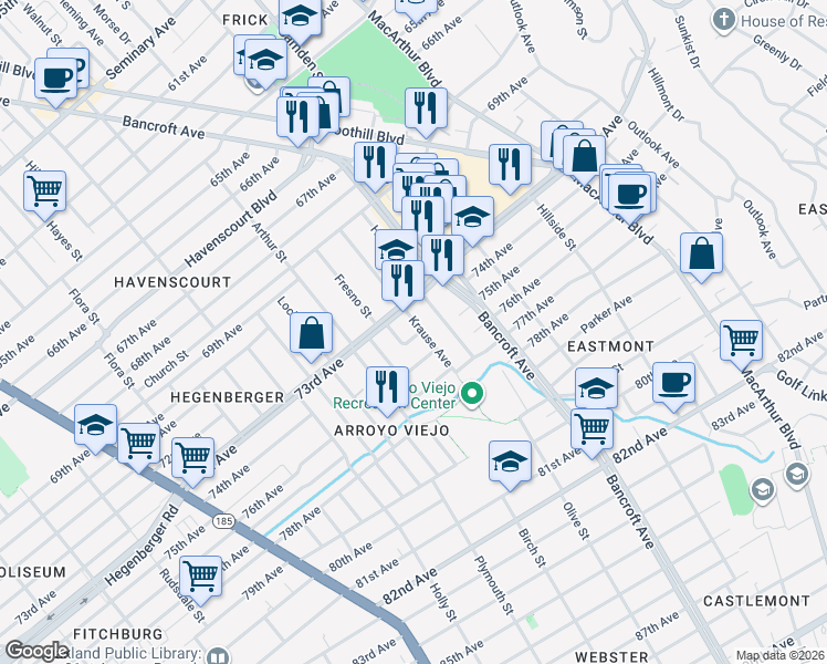 map of restaurants, bars, coffee shops, grocery stores, and more near 2315 Legion Avenue in Oakland