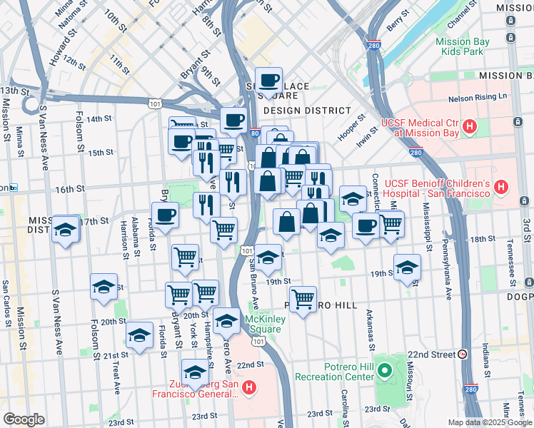 map of restaurants, bars, coffee shops, grocery stores, and more near 439 Vermont Street in San Francisco