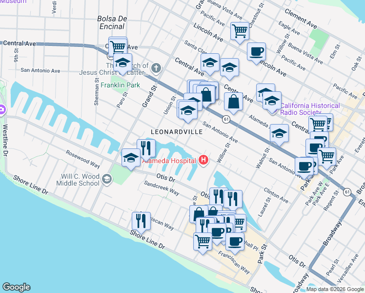 map of restaurants, bars, coffee shops, grocery stores, and more near 1922 Clinton Avenue in Alameda