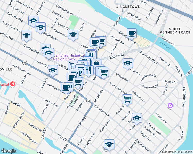 map of restaurants, bars, coffee shops, grocery stores, and more near 2514 Santa Clara Avenue in Alameda