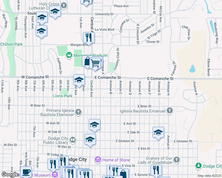 map of restaurants, bars, coffee shops, grocery stores, and more near 301 East Magnolia Street in Dodge City