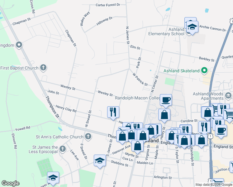map of restaurants, bars, coffee shops, grocery stores, and more near 302 North James Street in Ashland