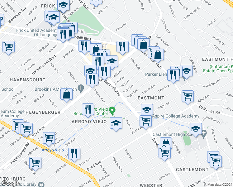 map of restaurants, bars, coffee shops, grocery stores, and more near 7615 Bancroft Avenue in Oakland