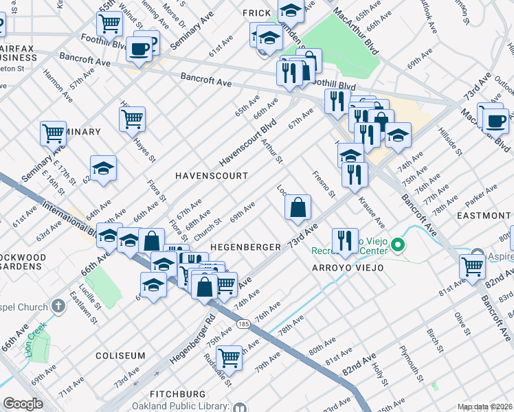 map of restaurants, bars, coffee shops, grocery stores, and more near 1920 69th Avenue in Oakland