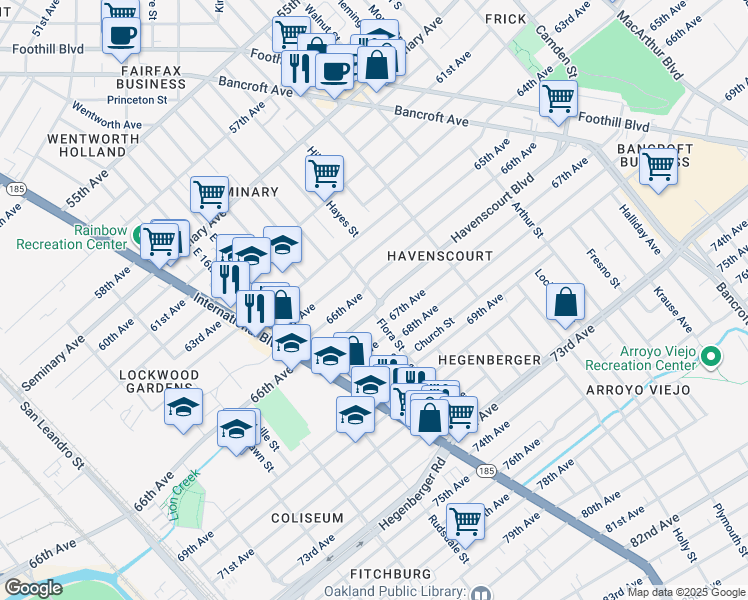 map of restaurants, bars, coffee shops, grocery stores, and more near 1567 Havenscourt Boulevard in Oakland