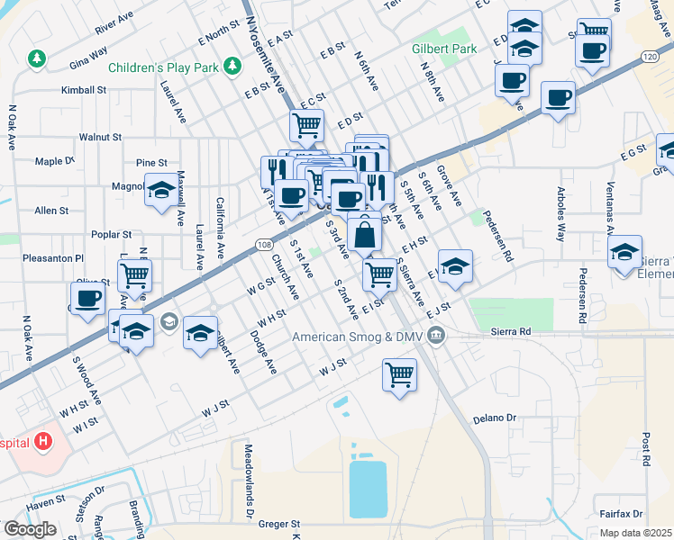 map of restaurants, bars, coffee shops, grocery stores, and more near 243 South 2nd Avenue in Oakdale