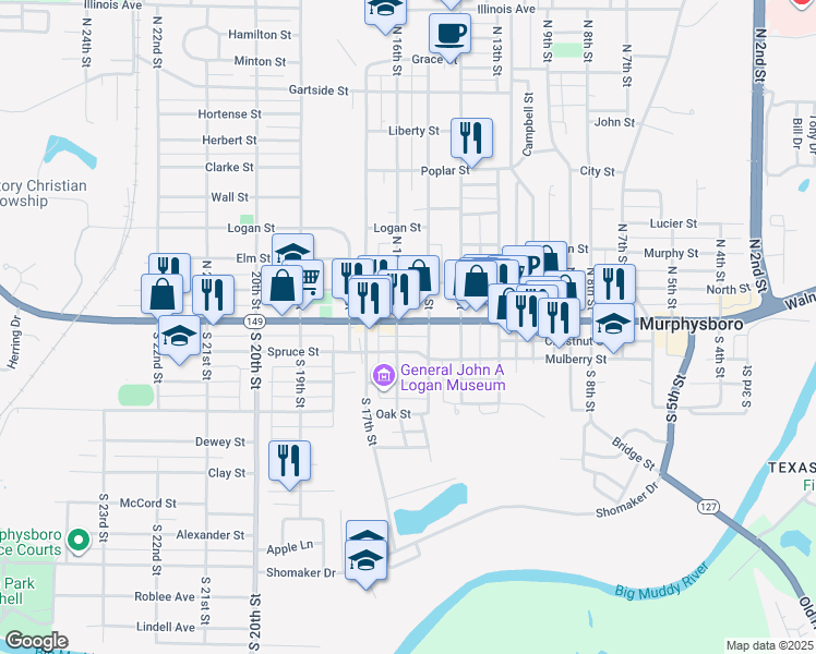 map of restaurants, bars, coffee shops, grocery stores, and more near 1517 Walnut Street in Murphysboro