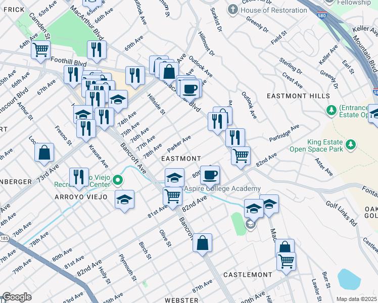 map of restaurants, bars, coffee shops, grocery stores, and more near Hillside Street & 79th Avenue in Oakland
