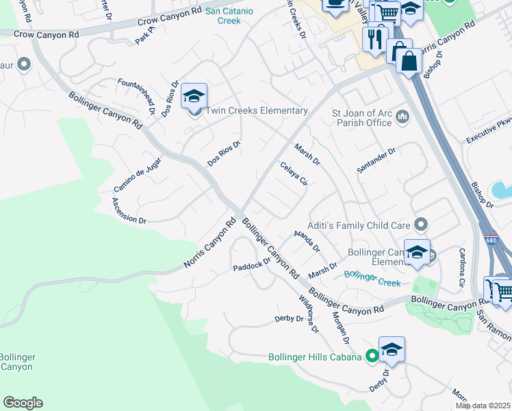 map of restaurants, bars, coffee shops, grocery stores, and more near 2605 Celaya Circle in San Ramon