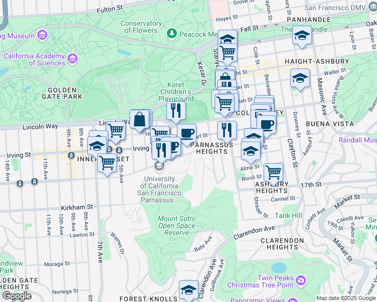 map of restaurants, bars, coffee shops, grocery stores, and more near 350 Parnassus Avenue in San Francisco