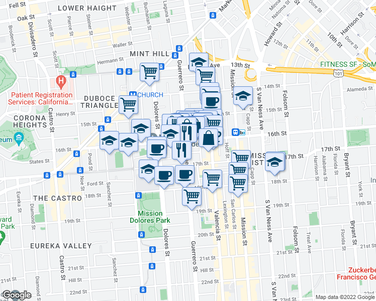 map of restaurants, bars, coffee shops, grocery stores, and more near 439 Guerrero Street in San Francisco