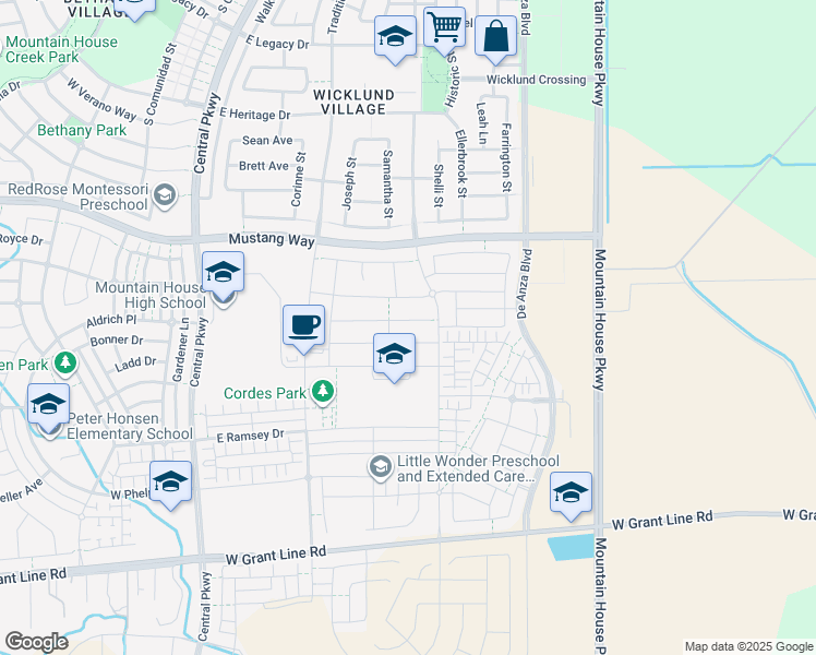 map of restaurants, bars, coffee shops, grocery stores, and more near 342 E Vita Court in Mountain House