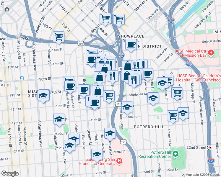 map of restaurants, bars, coffee shops, grocery stores, and more near 422 Utah Street in San Francisco