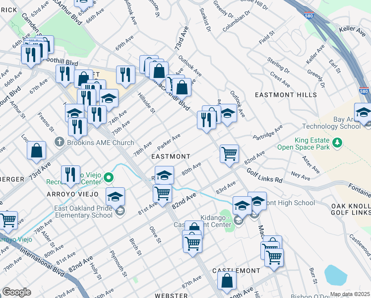 map of restaurants, bars, coffee shops, grocery stores, and more near 2714 79th Avenue in Oakland